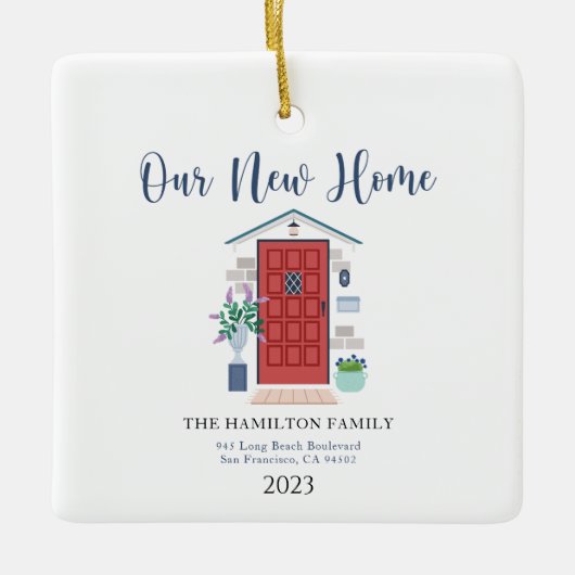 水の色フロントドア私たちの初めてのクリスマスニューホーム セラミックオーナメント (正面)