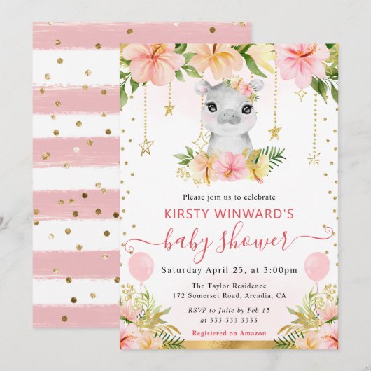 水の色フローラジャングルヒッポベビーシャワー 招待状 (正面/裏面)