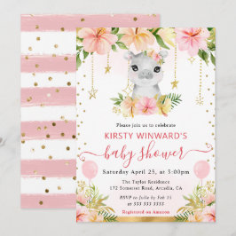 水の色フローラジャングルヒッポベビーシャワー 招待状