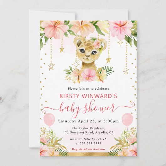 水の色フローラジャングルライオンキュブベビーシャワー 招待状 (正面)