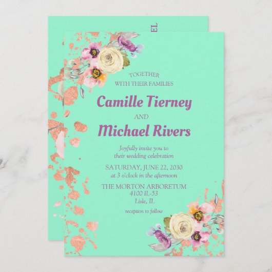 水の色フローラネオミントとバラ金ゴールド 招待状 (正面/裏面)