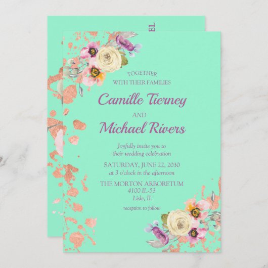 水の色フローラネオミントとバラ金ゴールド 招待状 (正面/裏面)