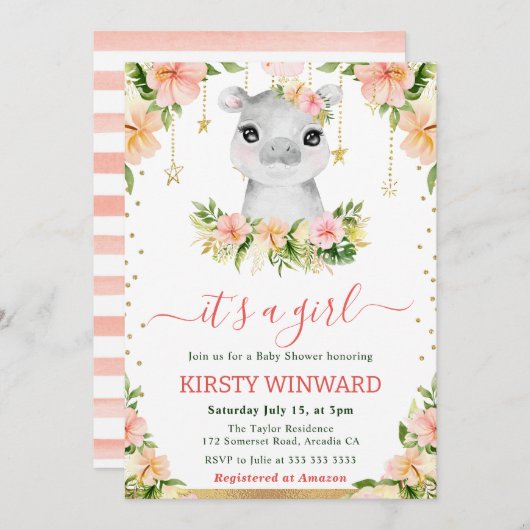 水の色フローラヒッポガールベビーシャワー 招待状 (正面/裏面)