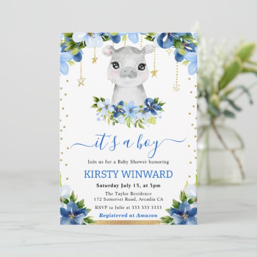 水の色フローラヒッポボーイ赤ちゃんシャワー 招待状 (スタンド正面)