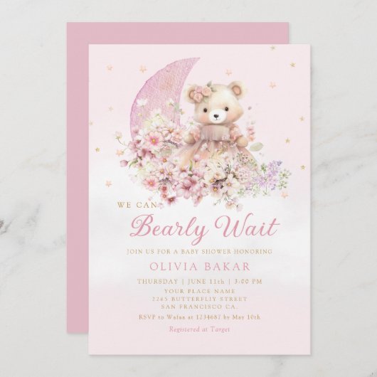 水の色フローラボホテディベアーガールベビーシャワー 招待状 (正面/裏面)