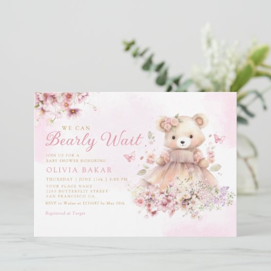 水の色フローラボホテディベアーガールベビーシャワー 招待状 (スタンド正面)