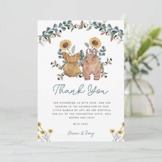 水の色フローラボホボーイガールツインズベビーシャワー サンキューカード (スタンド正面)