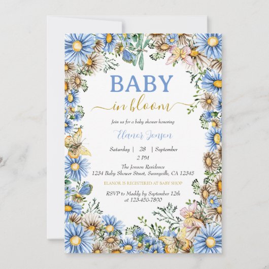 水の色フローラボホ素朴ボーイ赤ちゃんシャワー 招待状 (正面)