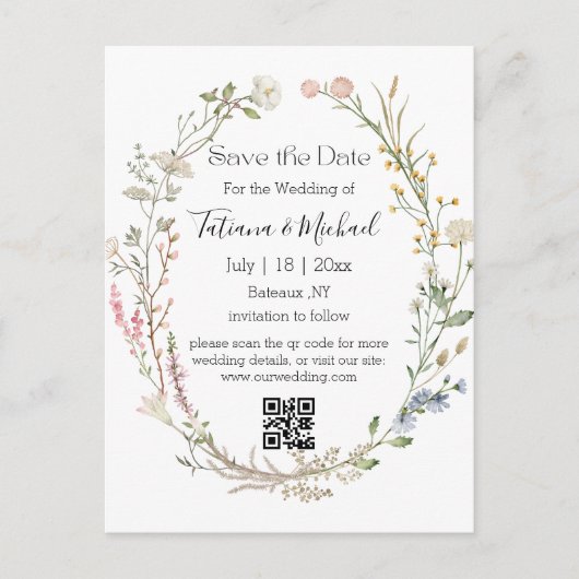水の色フローラ保存日付,qrコー結婚ド 案内ポストカード (正面)