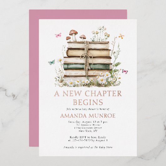 水の色フローラ新しいチャプター赤ちゃんシャワー 箔招待状 (正面/裏面)