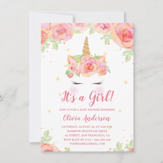 水の色フローラ魔法のユニコーン女の子ベビーシャワー 招待状 (正面)