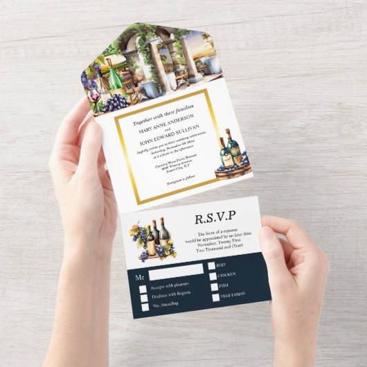 水の色ブドウ畑ワインボトルブドウつる植物シック オールインワン招待状 (貼ってはがせる)