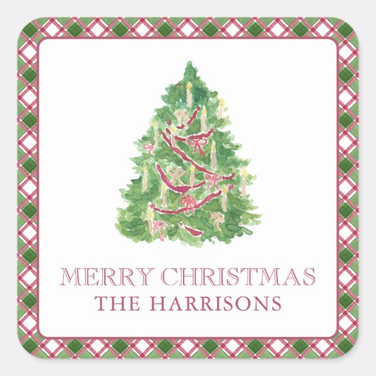 水の色ブルゴーニュ&グリーンプライドのクリスマスツリー スクエアシール (正面)