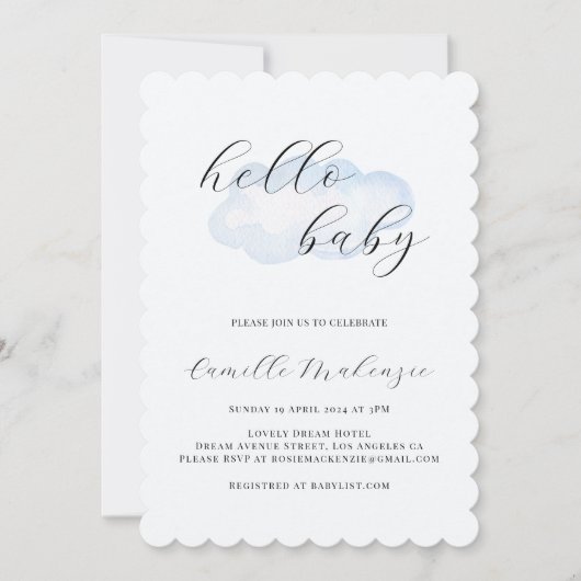 水の色ブルークラウドベビーシャワー招待 招待状 (正面)