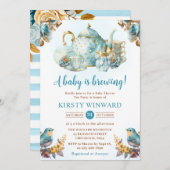 水の色ブルーベリーティーパーティーベビーシャワー 招待状 (正面/裏面)