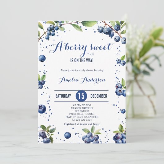 水の色ブルーベリー甘いベリーボーイ赤ちゃんシャワー 招待状 (スタンド正面)