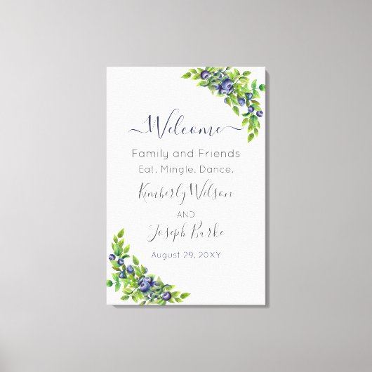 水の色ブルーベリー青い植物体ウェルカムサイン キャンバスプリント (正面)