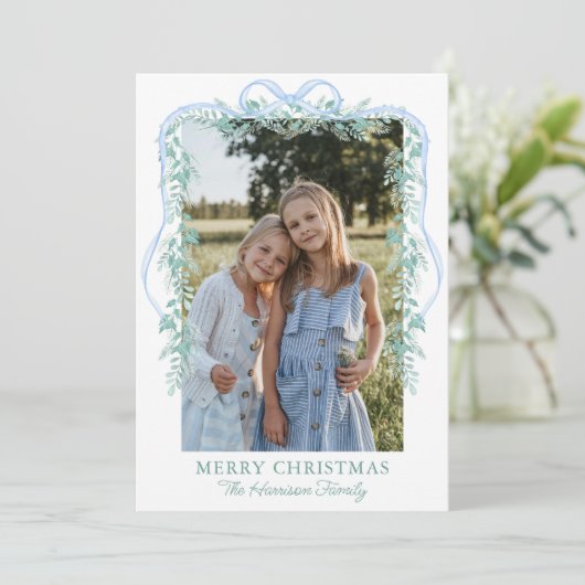 水の色ブルーボーガーランドクリスマスフォト シーズンカード (スタンド正面)