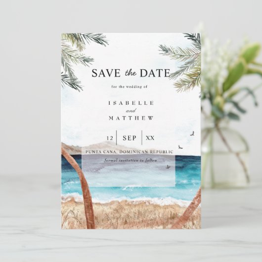 水の色プンタカナトロピカルビーチ日付を保存 招待状 (スタンド正面)
