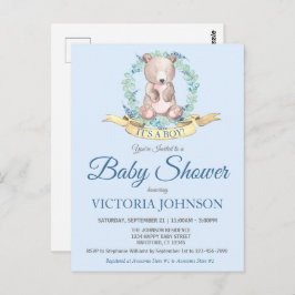 水の色ベアーブルーフローラボーイベビーシャワー招待状 ポストカード