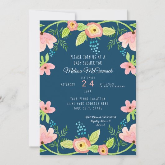 水の色ベビーガールシャワーモダンBOHOフローラアート 招待状 (正面)