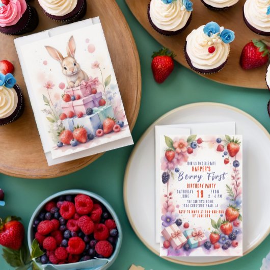 水の色ベリーファースト誕生日とバニー 招待状