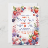 水の色ベリーファースト誕生日とバニー 招待状 (正面)
