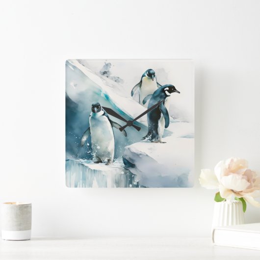 水の色ペンギンよくはしゃぐアートワーク スクエア壁時計 (ホーム)