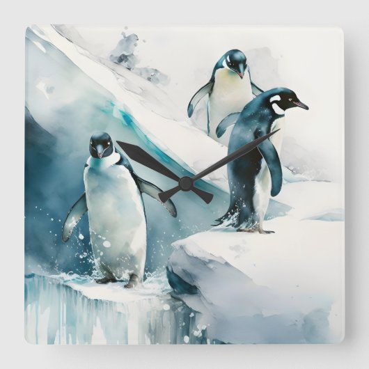 水の色ペンギンよくはしゃぐアートワーク スクエア壁時計 (正面)