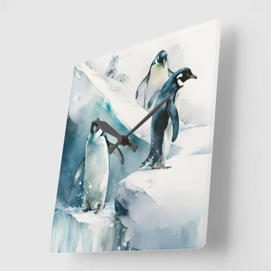 水の色ペンギンよくはしゃぐアートワーク スクエア壁時計 (傾斜)