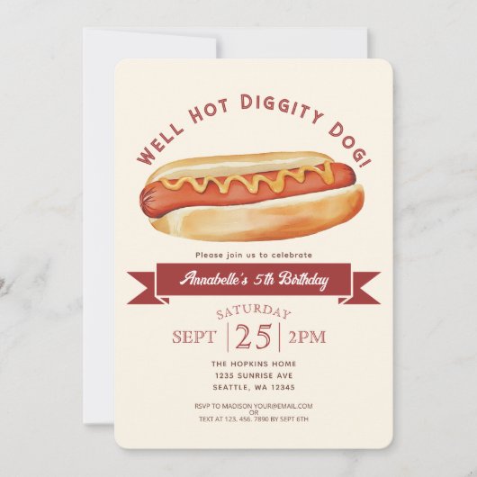 水の色ホットドッグ夏の子供の誕生日パーティー 招待状 (正面)