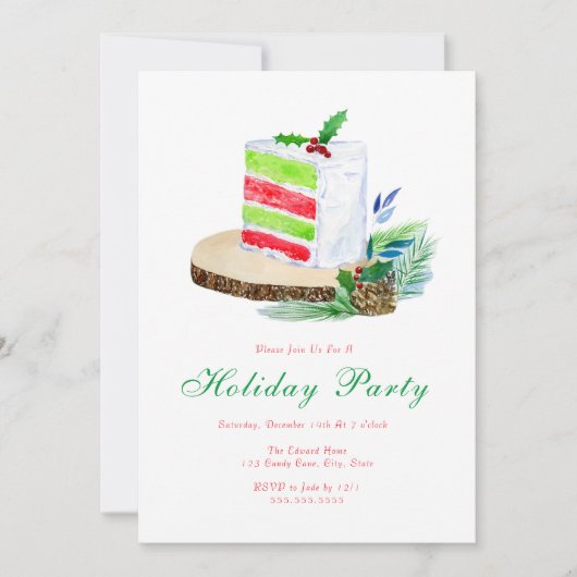 水の色ホリディウィンターケーキとホリー 招待状 (正面)