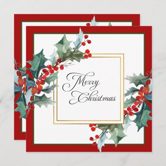 水の色ホリーとベリーの植物性クリスマス シーズンカード (正面/裏面)