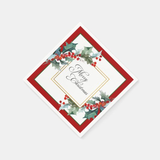 水の色ホリーとベリーの植物性クリスマス スタンダードカクテルナプキン (角)
