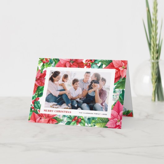水の色ホリーとポインセチア写真クリスマス シーズンカード (正面)