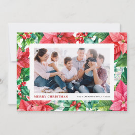 水の色ホリーとポインセチア写真クリスマス シーズンカード