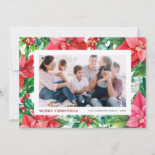 水の色ホリーとポインセチア写真クリスマス シーズンカード (正面)