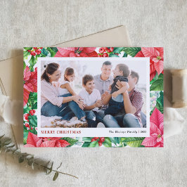 水の色ホリーとポインセチア写真クリスマス シーズンカード