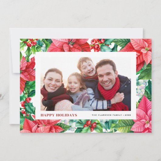 水の色ホリーとポインセチア写真クリスマス シーズンカード (正面)