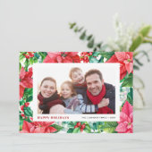 水の色ホリーとポインセチア写真クリスマス シーズンカード (スタンド正面)