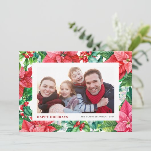 水の色ホリーとポインセチア写真クリスマス シーズンカード (スタンド正面)