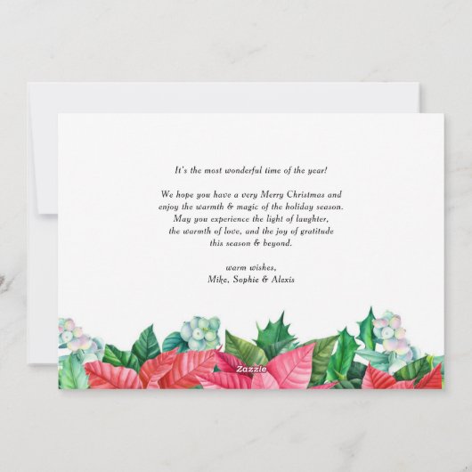 水の色ホリーとポインセチア写真クリスマス シーズンカード (裏面)