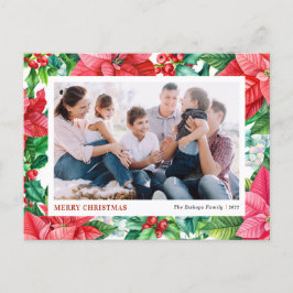 水の色ホリーとポインセチア写真クリスマス シーズンポストカード