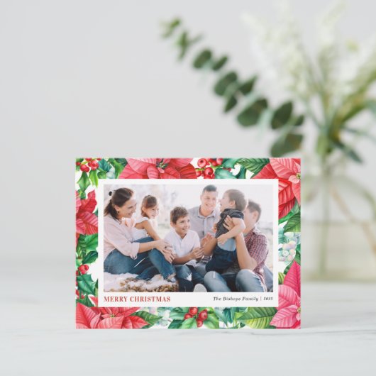 水の色ホリーとポインセチア写真クリスマス シーズンポストカード (スタンド正面)
