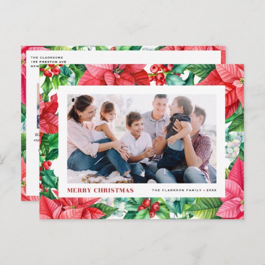 水の色ホリーとポインセチア写真クリスマス シーズンポストカード (正面/裏面)