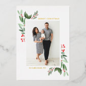 水の色ホリーと緑のクリスマメリースの写真 箔シーズンカード (正面)