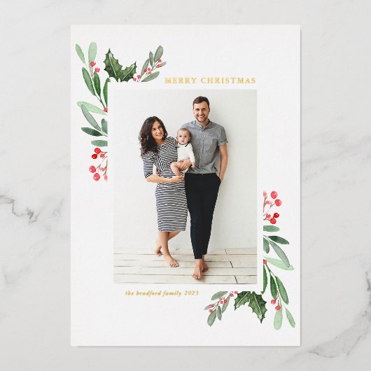 水の色ホリーと緑のクリスマメリースの写真 箔シーズンカード (正面)
