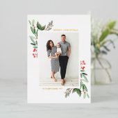 水の色ホリーと緑のクリスマメリースの写真 箔シーズンカード (立ち正面)