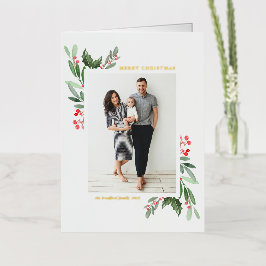水の色ホリーと緑のメリークリスマス 箔シーズンカード
