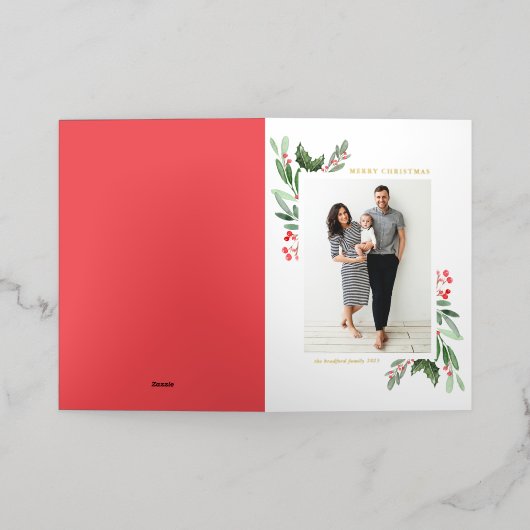 水の色ホリーと緑のメリークリスマス 箔シーズンカード (外側レイダウン)